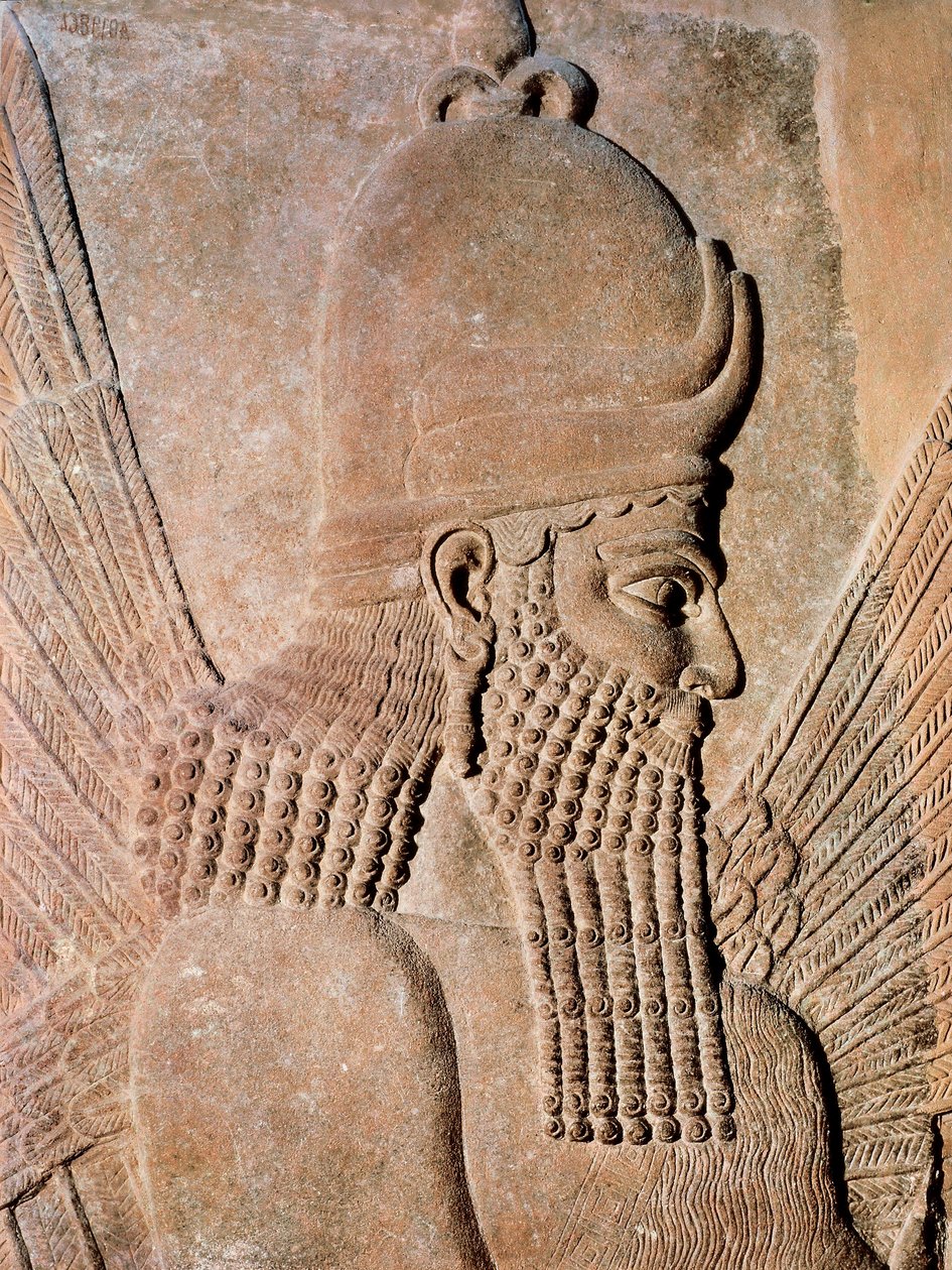 Fragment alabastrowej płaskorzeźby przedstawiającej ochronne skrzydło Dżina, z Pałacu Sargona II (Dur Sharrukin), króla Asyrii w Chorsabadzie w Iraku. 722-705 pne (relief alabastrowy) autorstwa Assyrian