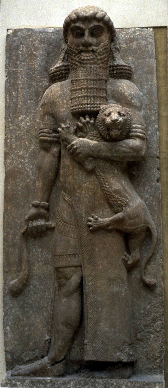 Bohater Gilgamesz opanowuje lwa, 722-705 pne autorstwa Assyrian
