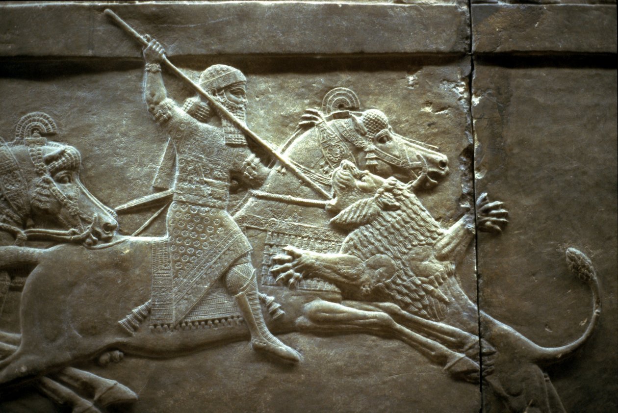 Król Aszurnasirpal II podczas królewskiego polowania na lwy, 650-620 pne autorstwa Assyrian