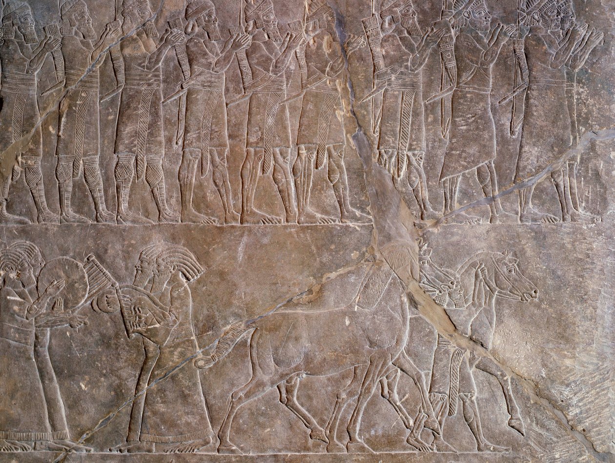 Starożytność orientalna: fragment płaskorzeźby w wapieniu: muzycy zbroi Assurbanipala lub Asurbanipala, króla Asyrii (Mezopotamii) (669 pne-627 pne). 640 pne. Z Niniwy. Paryż, Luwr autorstwa Assyrian