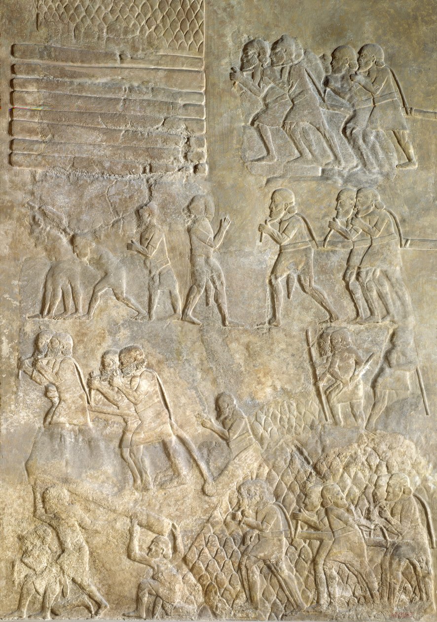 Relief przedstawiający tragarzy przywożących drewno na wybrzeże do transportu morskiego. z Pałacu Sargona II, Chorsabad, Irak autorstwa Assyrian