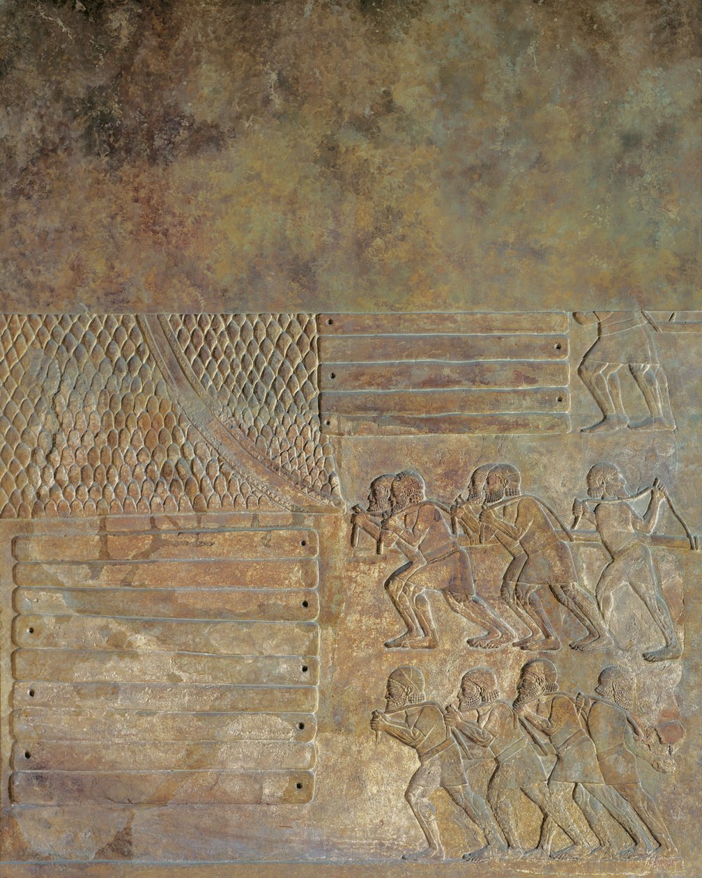 Relief przedstawiający składowanie drewna na brzegu przed transportem morskim, z pałacu Sargona II, Khorsabad, Irak (kamień) autorstwa Assyrian