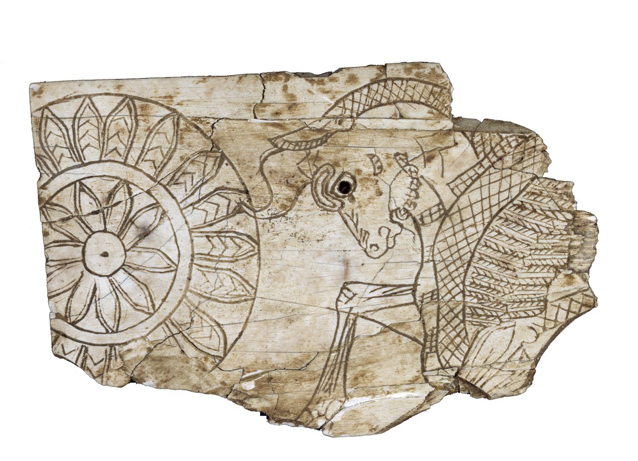 Fragment tablicy przedstawiający skrzydlatego byka z Nimrud, Irak, VIII wiek p.n.e autorstwa Assyrian School