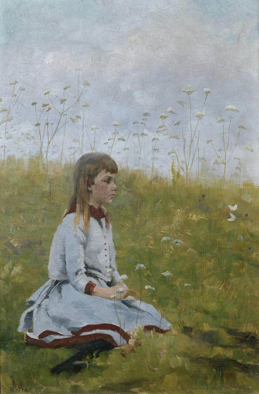 Dziewczyna na kwietnej łące, ok.1885 (olej na płótnie) autorstwa Asta Nørregaard