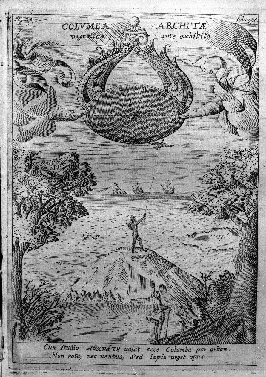 Archytas of Taranto (435-347 pne) leci drewnianą gołębicą. Rycina z „Mundus Subterraneus” Atanazego Kirchera (1601-1680), jezuity, orientalisty i uczonego. autorstwa Athanasius Kircher