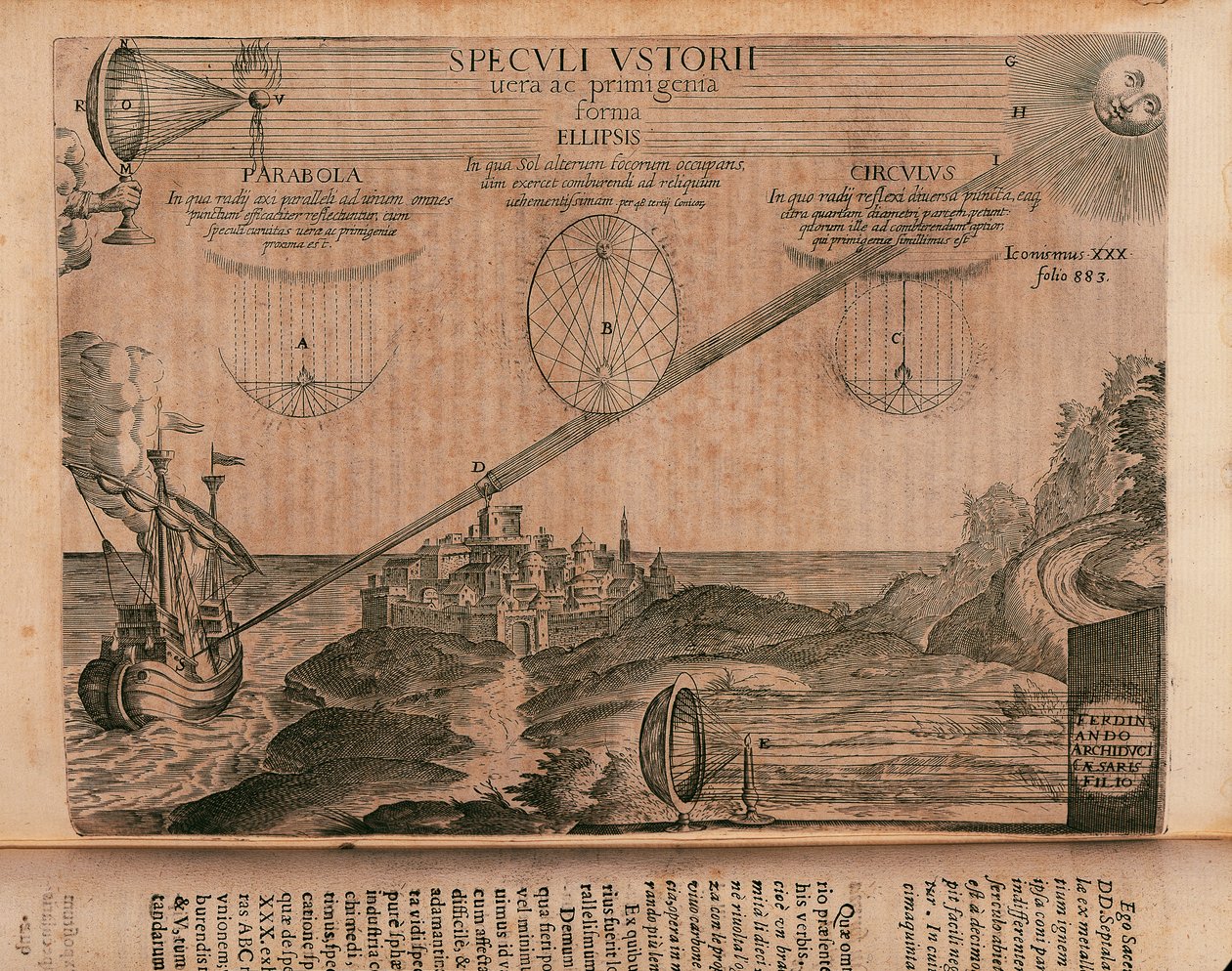 Płonące lustra Archimedesa, rycina z Ars magna lucis et umbrae (wielka sztuka światła i cienia), autorstwa Athanasiusa Kirchera (1602-1680), Rzym autorstwa Athanasius Kircher