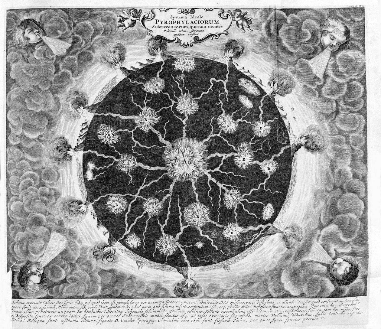 Przekrój ziemi przedstawiający centralny ogień, pożary i wulkany, z miedziorytu „Mundus subterraneus” Athanase Kirchera (lub Athanasius Kircheri) autorstwa Athanasius Kircher