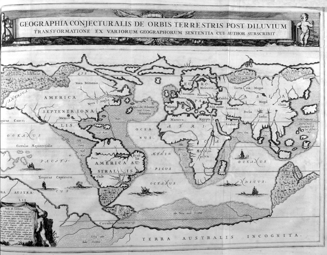 Mapa geograficzna świata po potopie, 1675 autorstwa Athanasius Kircher