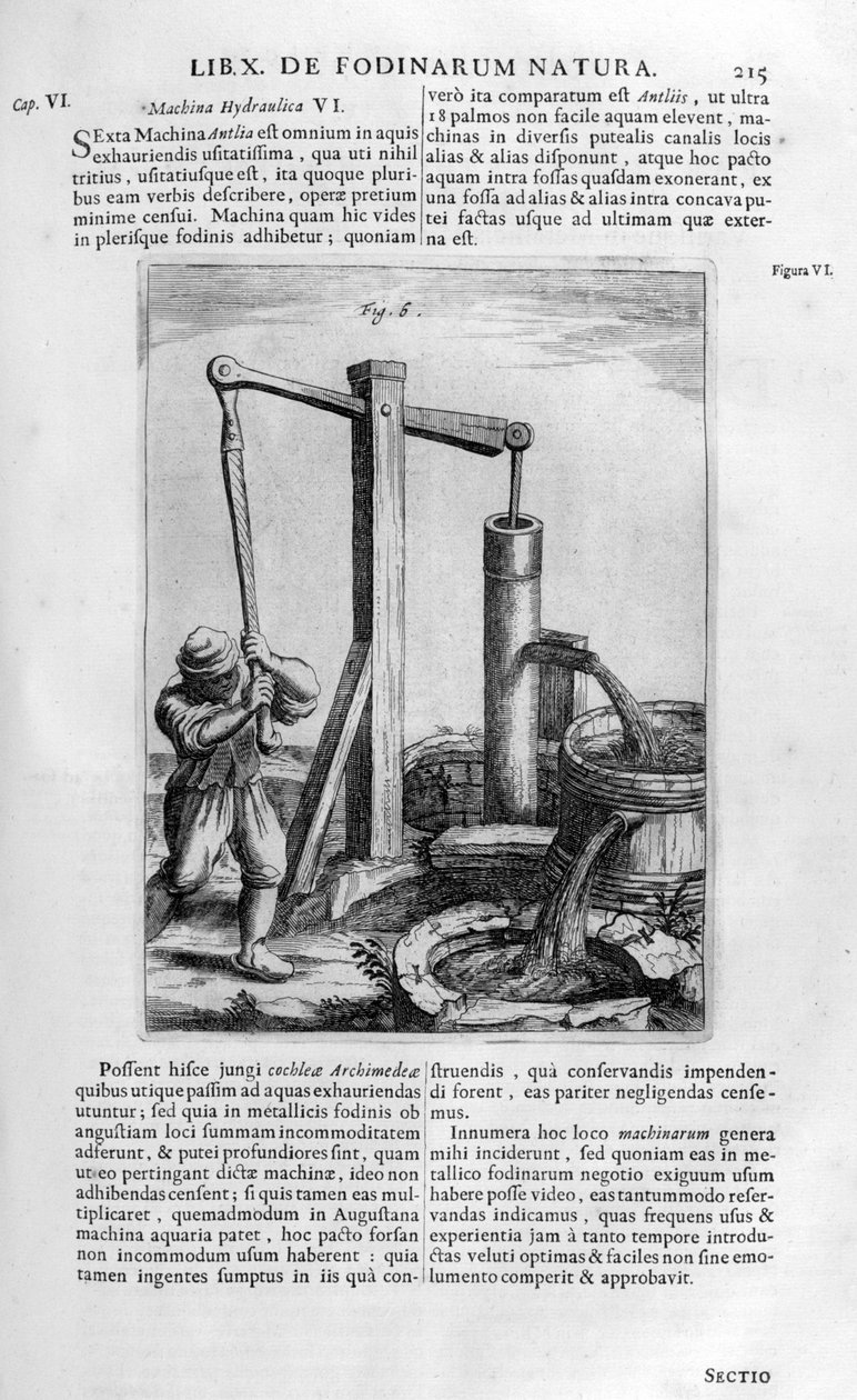Ręczna hydrauliczna pompa wodna, 1678 autorstwa Athanasius Kircher