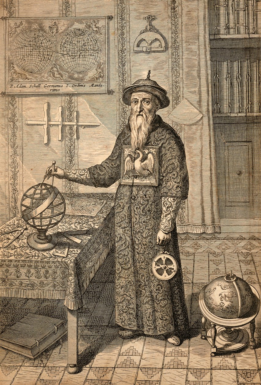 jezuita Johann Adam Schall von Bell (1591-1666), poprzednik Ferdynanda Verbiest, astronom na dworze dynastii Ming w Nanjing, ubrany w strój mandaryński, z Chin monumentis autorstwa Athanasius Kircher