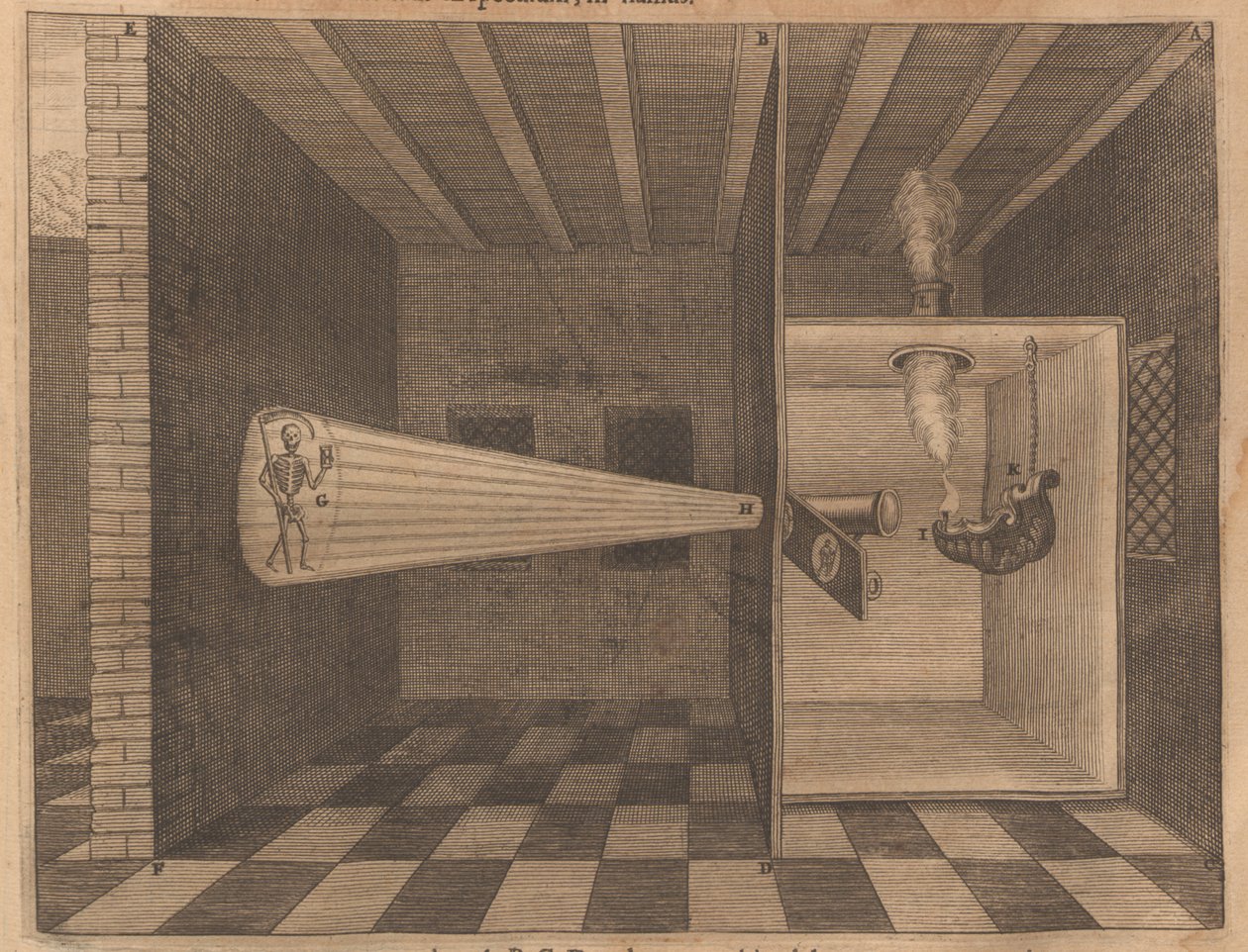 Latarnia magiczna ukazująca Śmierć z Ars Magna Lucis, 1671. autorstwa Athanasius Kircher