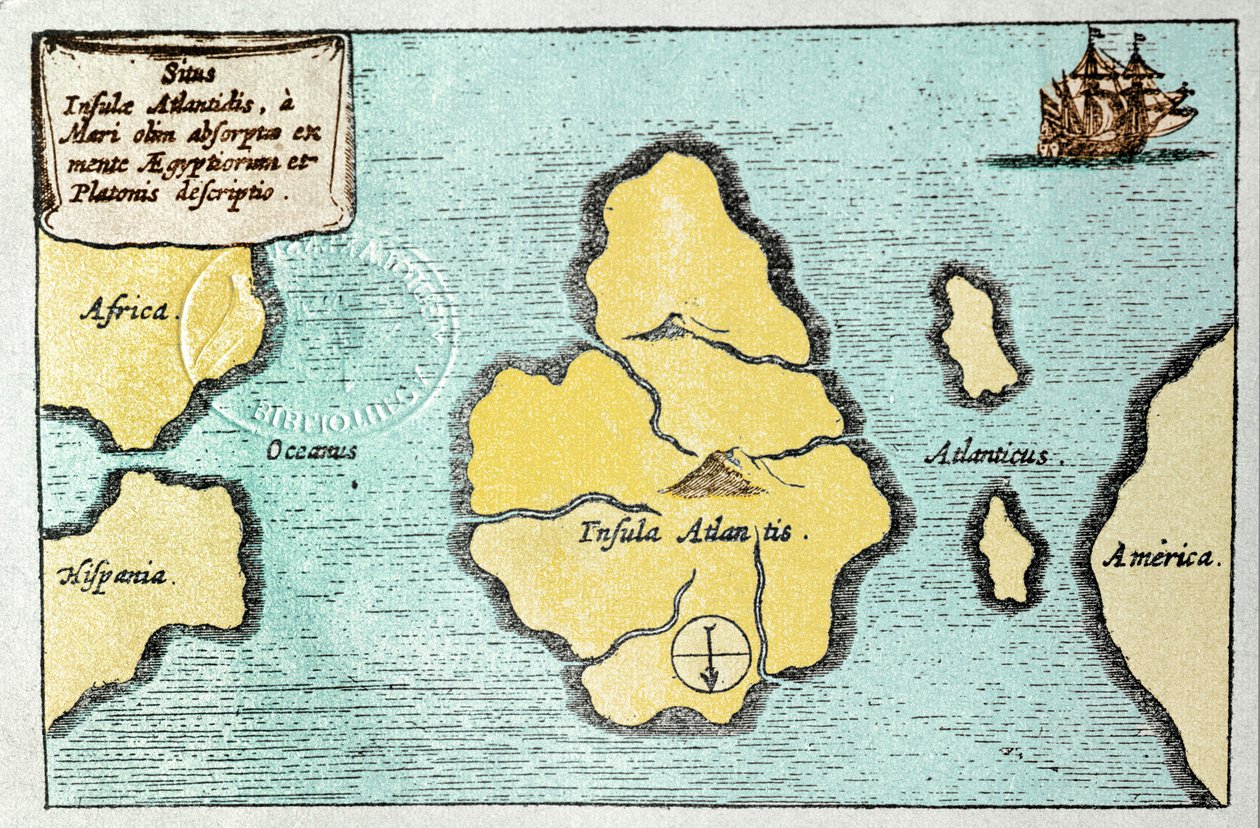 Mapa legendarnej wyspy Atlantyda - z Mundus Subterraneus Athanase Kircher (lub Athanasius Kircheri) autorstwa Athanasius Kircher