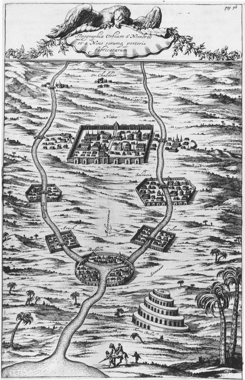 Mezopotamia, Tygrys i Eufrat – w „”Tirris Babel””, autorstwa Athanasie Kirecheri S.J., Amsterdam autorstwa Athanasius Kircher