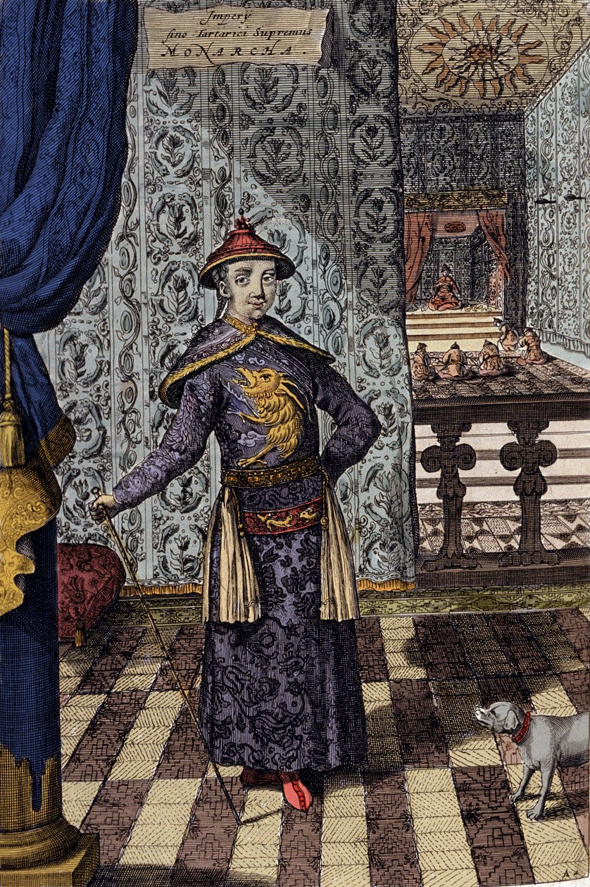 Cesarz Chin i Najwyższy Władca Tatarów - cesarz chiński Kangxi (1652-1722) dynastia Qing, rycina Athanasius Kircher (1601-1680) z „” China Monumentis, qua sacris qua profanis””” 1667 - cesarz chiński Kangxi (1652) -1722) Dynastia Qing, autorstwa Athanasius Kircher