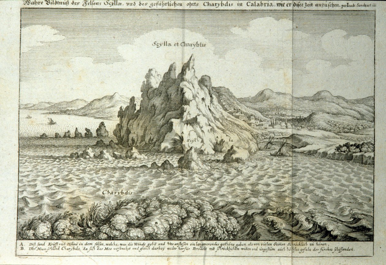 Widok skał „Charybda” i „Scylla” w Detroit w Mesynie na Sycylii”” Rycina z „Mundus Subterraneus” autorstwa Athanasius Kircher (1601-1680), jezuita, orientalista i uczony 1682 autorstwa Athanasius Kircher