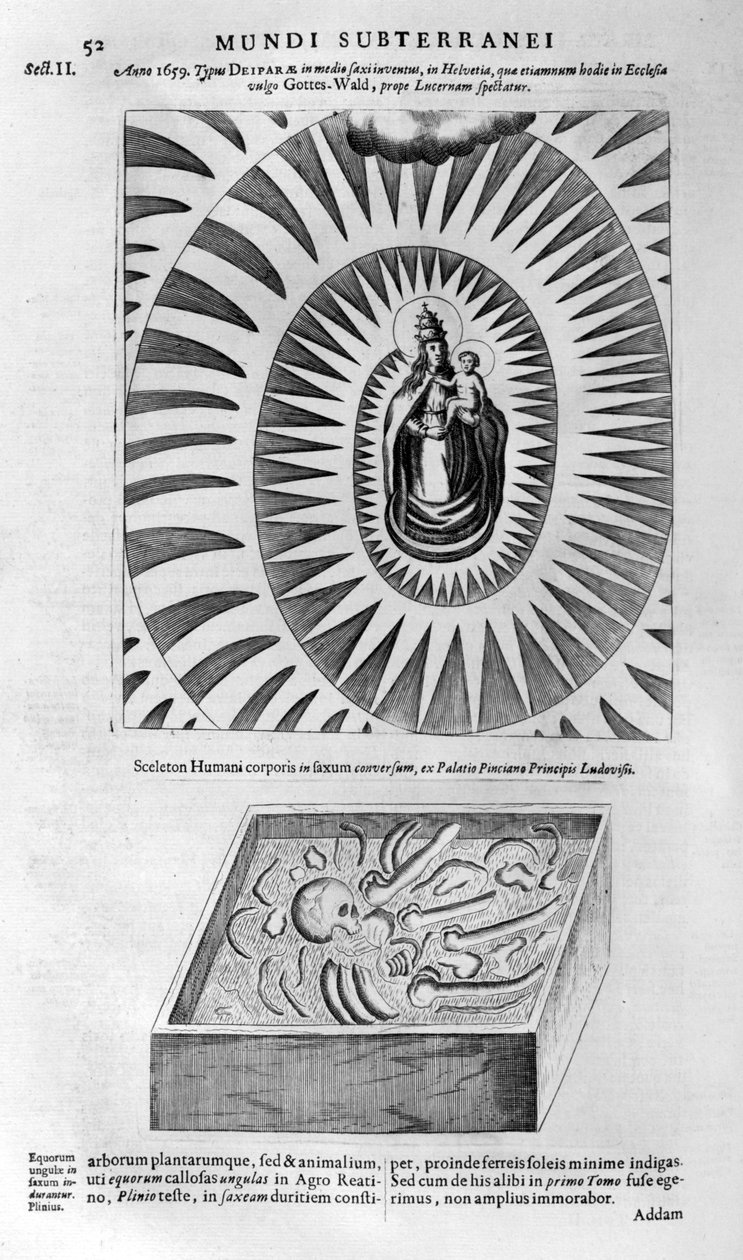 Dziewica z dzieckiem i ludzkim szkieletem, 1678 autorstwa Athanasius Kircher