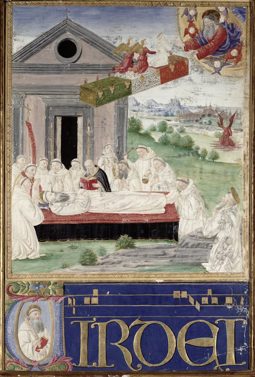 Pogrzeb św. Benedykta (480-527) ze św. Romauldem (ok. 951-1027) 1502 autorstwa Attavante di Gabriello di Vanti di Bartolo