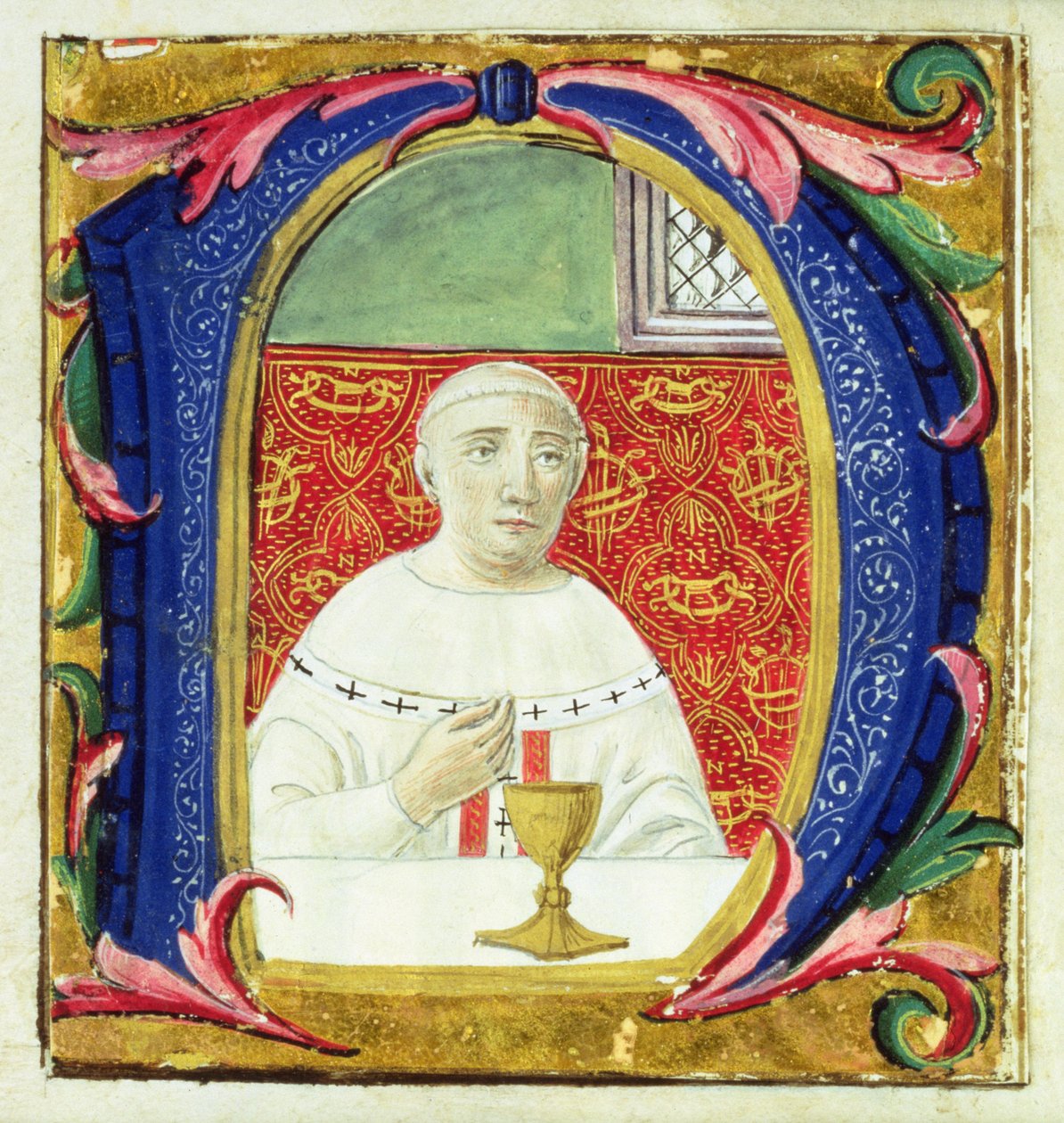 Historyczny inicjał „N” przedstawiający papieża (Leona X) odprawiającego mszę autorstwa Attavante di Gabriello di Vanti di Bartolo