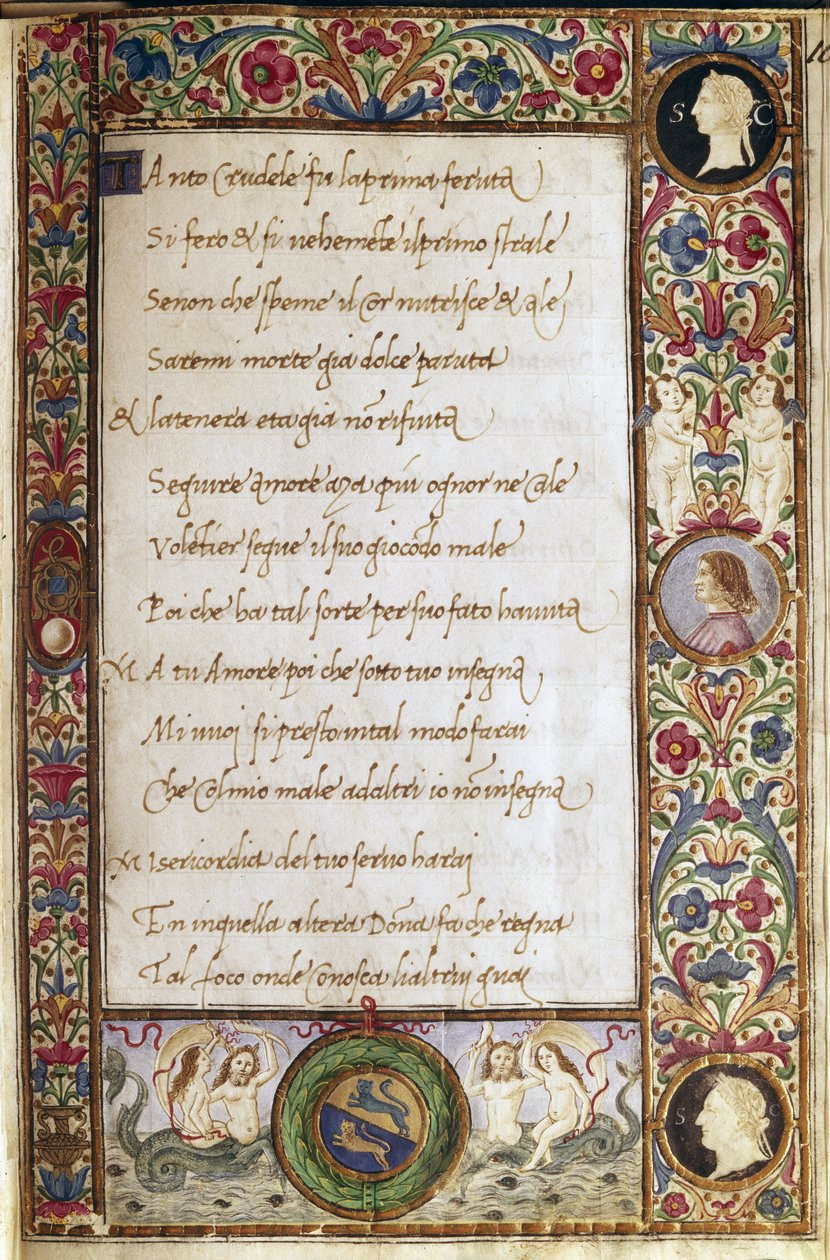Strona z rękopisu "Il canzoniere" Francesco Petrarca (Petrarka) (1304-1374) iluminowanego przez Attavante dei Attavanti (1452-1525) (ms. cl.VIII.684) XV w. wym. 19 x 12,7 cm Florencja, Biblioteka Narodowa autorstwa Attavante di Gabriello di Vanti di Bartolo