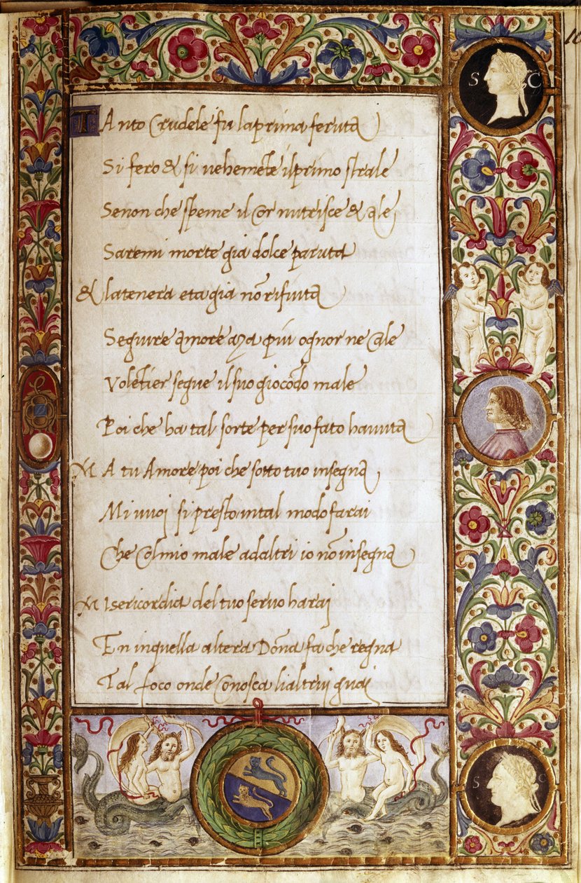 Strona z rękopisu "Il Canzoniere" autorstwa Francesco Petrarca (1304-1374). Miniatura autorstwa Attavante degli Attavanti (1452-1525), Biblioteka Narodowa, Florencja autorstwa Attavante di Gabriello di Vanti di Bartolo