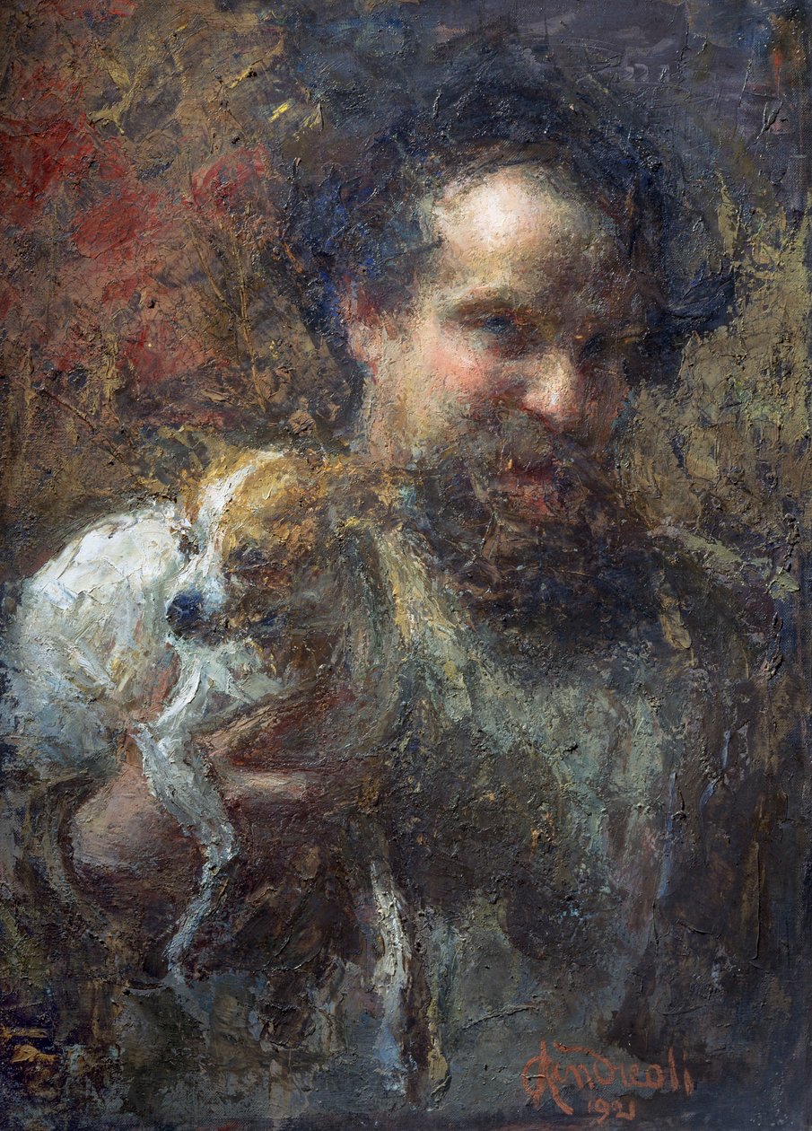 Autoportret Attilio Andreoli z psem (olej na płótnie) autorstwa Attilio Andreoli