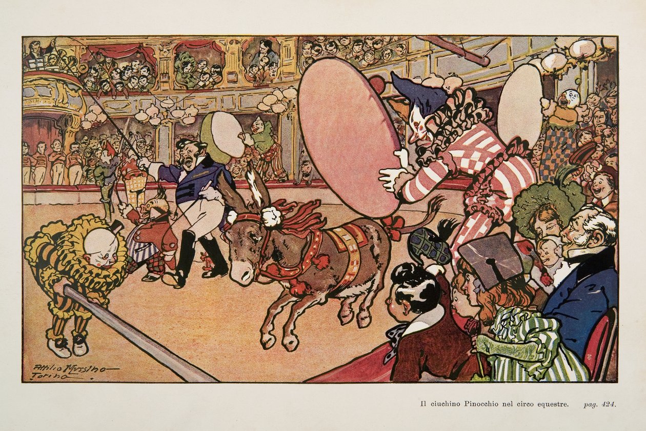 Cyrk i osioł Pinokio, ilustracja z filmu Pinokio autorstwa Attilio Mussino