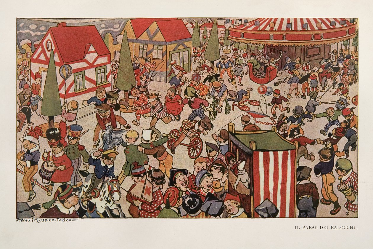 Kraina zabawek, ilustracja z filmu Pinokio autorstwa Attilio Mussino