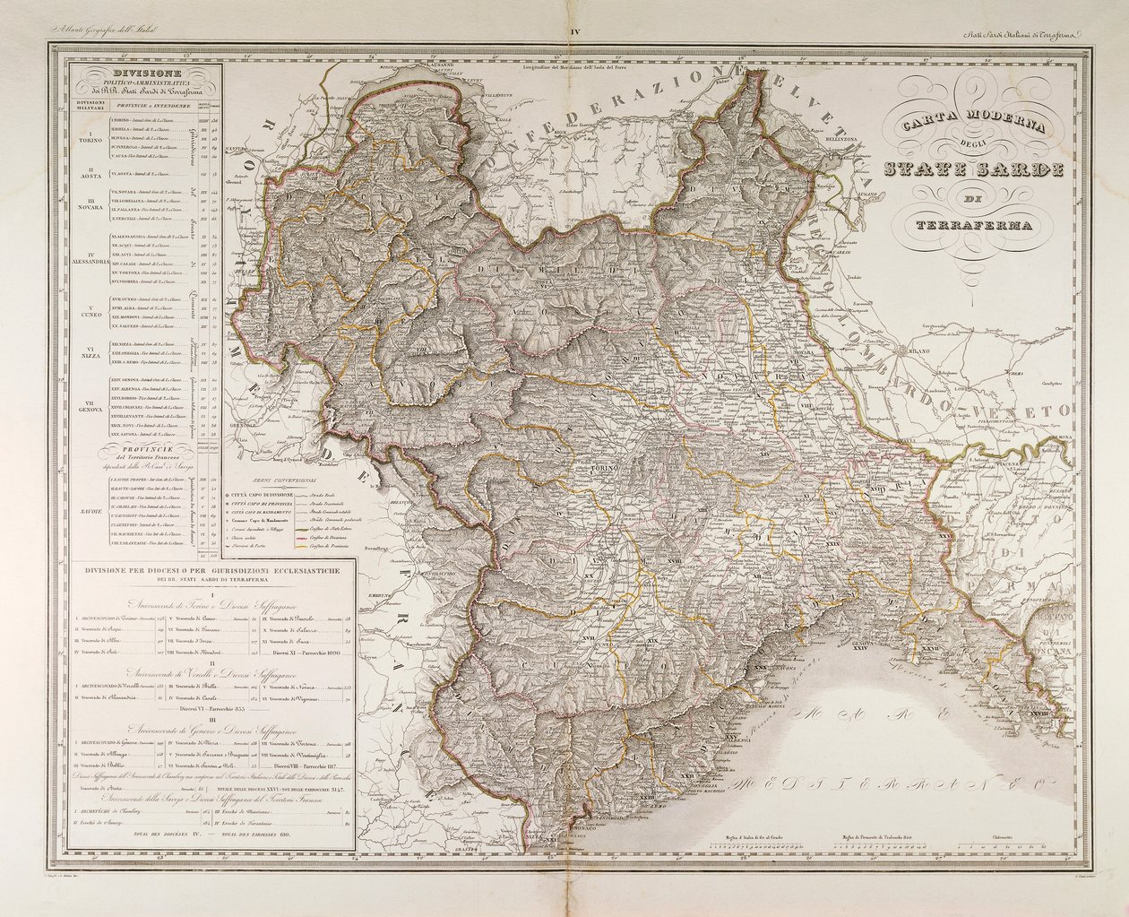 Sardynii na kontynencie. Mapa autorstwa Attilio Zuccagni-Orlandini, zaczerpnięta z Atlasu geograficznego stanów włoskich, Florencja, grawer na miedzi autorstwa Attilio Zuccagni Orlandini