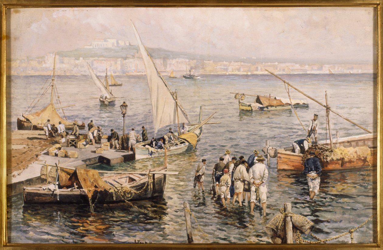 Marina z rybakami (akwarela) autorstwa Attillo Pratella