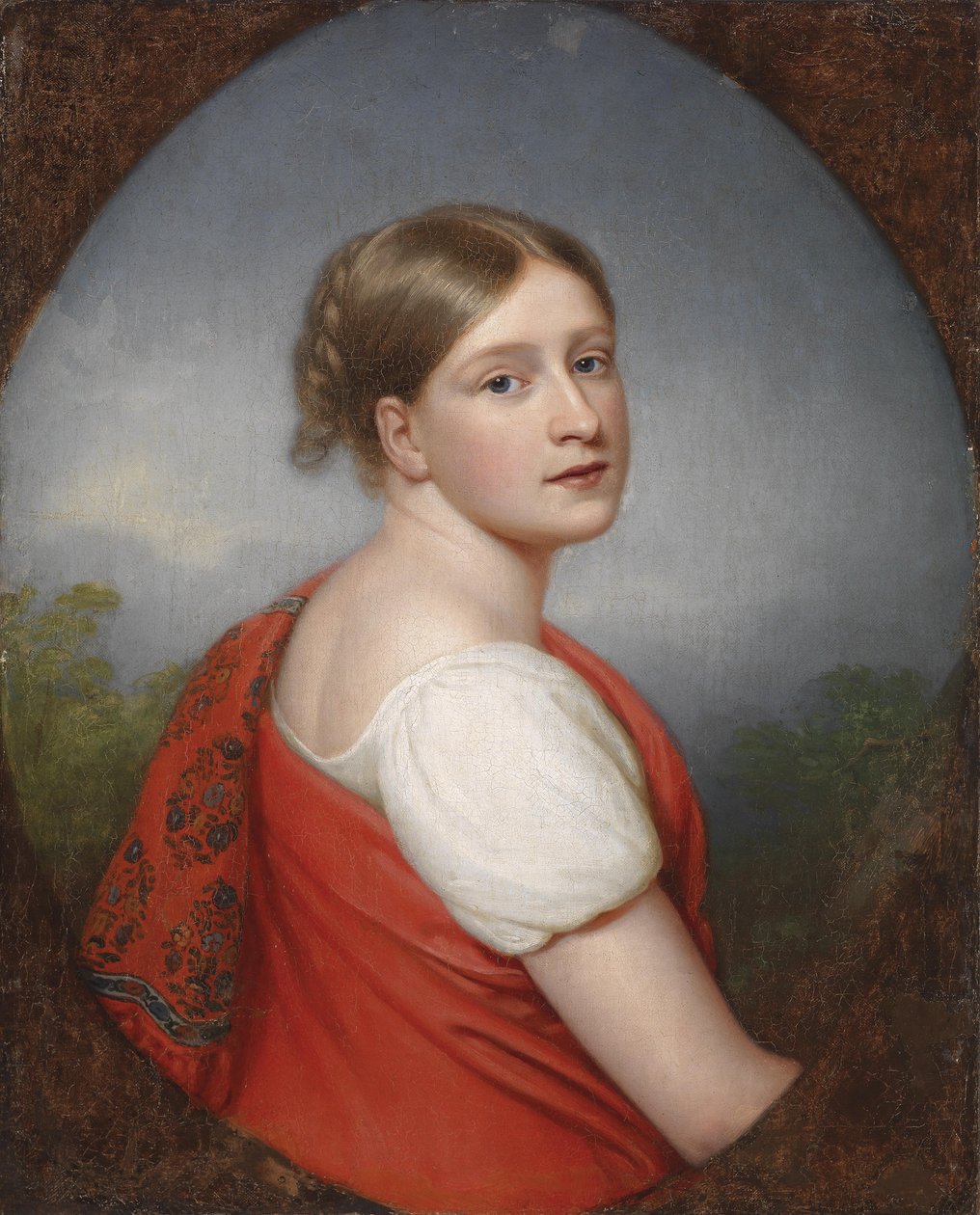 Portret damy na tle krajobrazu, na odwrocie stara etykieta z odręcznym napisem Franz Gerhard von Kügelgen oraz stara etykieta w języku rosyjskim autorstwa Franz Gerhard von Kugelgen