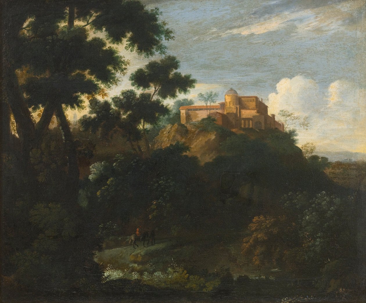 Zalesiony górzysty krajobraz z podróżnikami na szlaku, willa poza nią autorstwa Jean Francois Millet