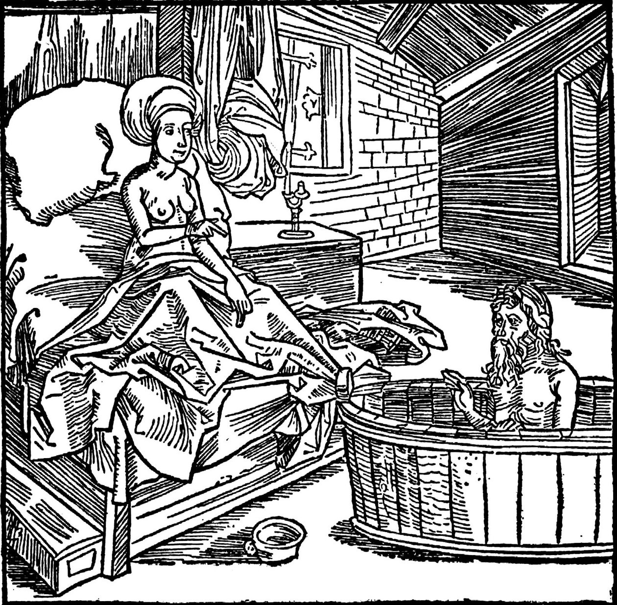 Kobieta i kąpiący się pustelnik. autorstwa attributed to Albrecht Dürer