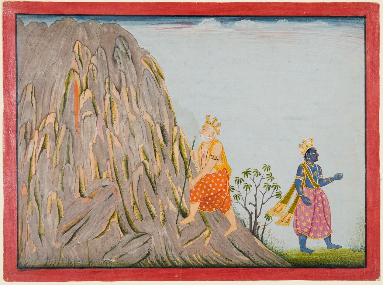 Król Muchukunda wkracza do królestwa góry Gandhamadana, aby osiągnąć zbawienie, z "Piątej Basohli Bhagavata Purany" autorstwa attributed to Fattu