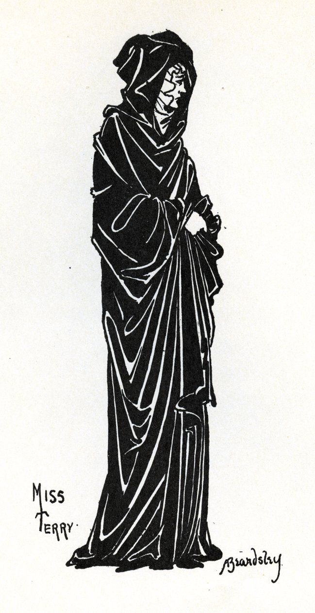 Ellen Terry jako Rosamunda de Clifford w przedstawieniu dramatu poetyckiego "Becket" Tennysona w Lyceum Theatre w Londynie, 1893 r. autorstwa Aubrey Beardsley