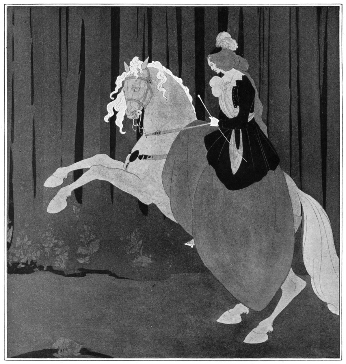 Kobieta siedząca na koniu hodowlanym, 1898 r. autorstwa Aubrey Beardsley