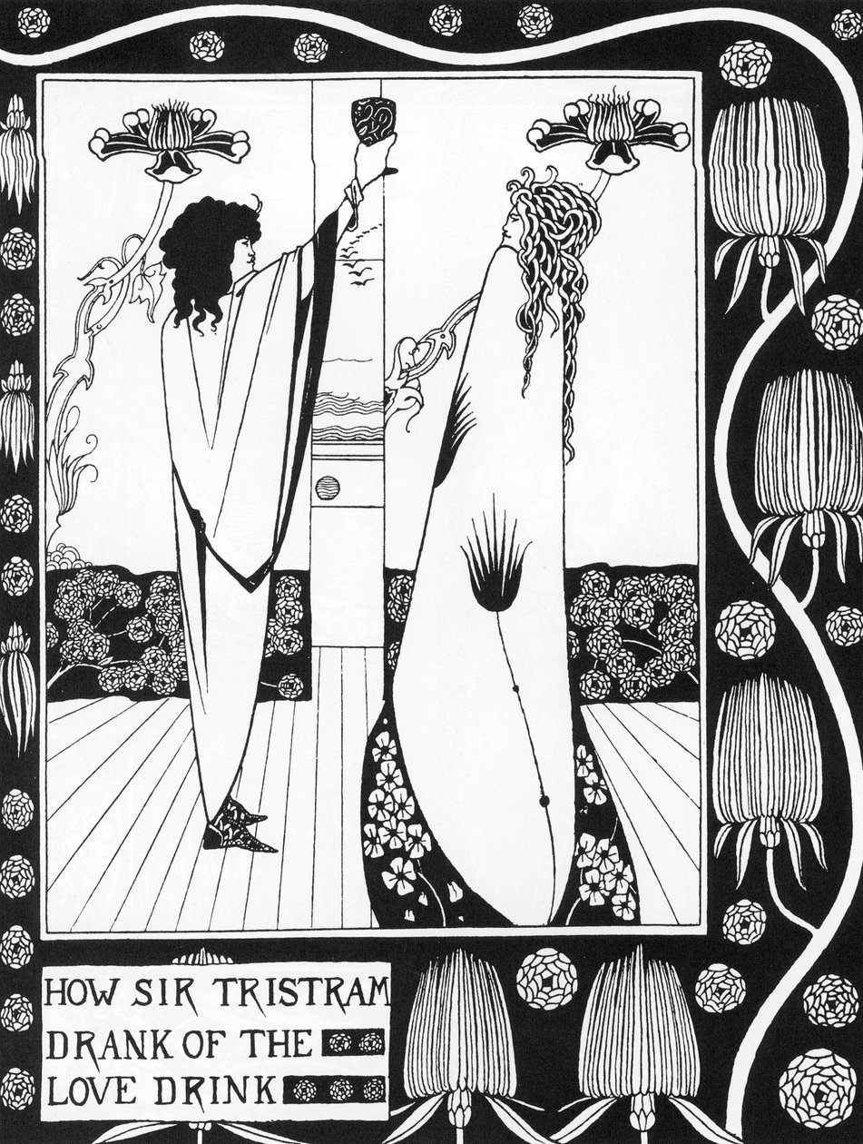 Legenda arturiańska: „”Tristan pijący miłosny filtre”””Grawerowanie w„”Historia Tristana i jego przygód, w tym jego historia miłosna z Izoldą””” od Sir Thomas Malory, wydanie zilustrowane przez Aubrey Beardsley (1872-1898) ) 1893-1894 (Arturia autorstwa Aubrey Beardsley