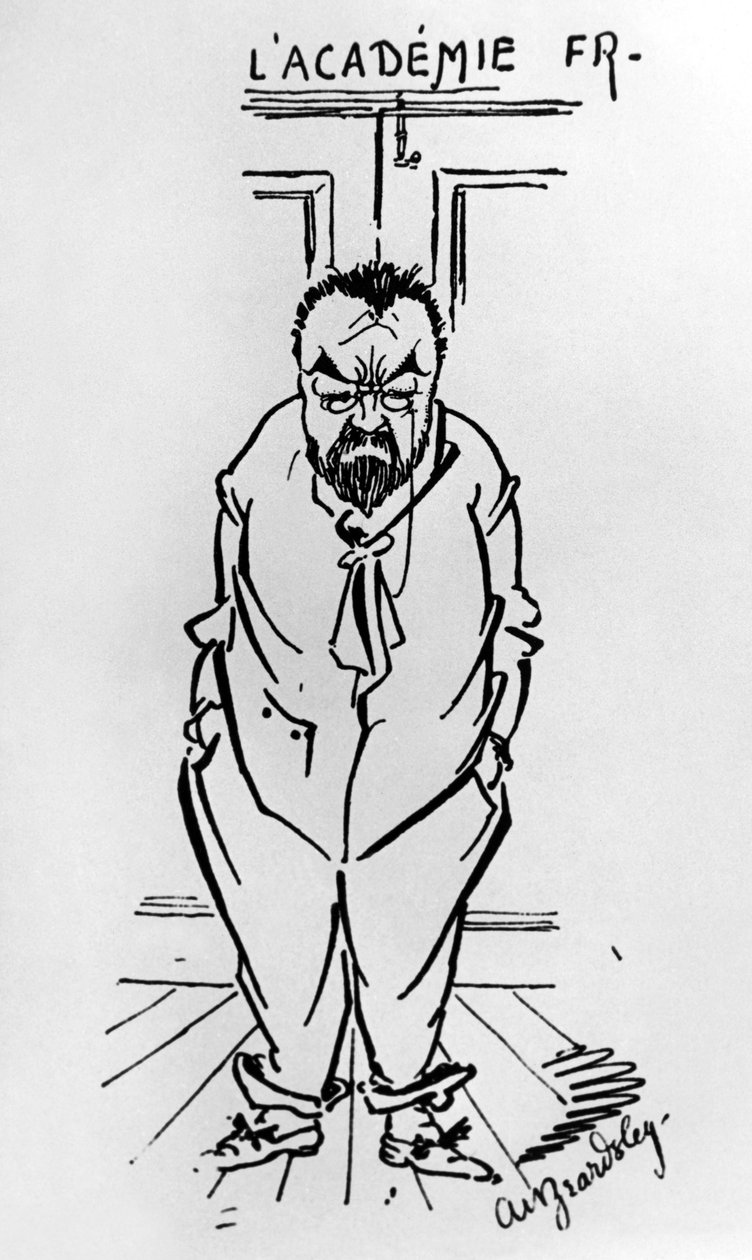 Karykatura francuskiego powieściopisarza Emila Zoli (1840-1902) przed Academie Francaise (rysunek) autorstwa Aubrey Beardsley