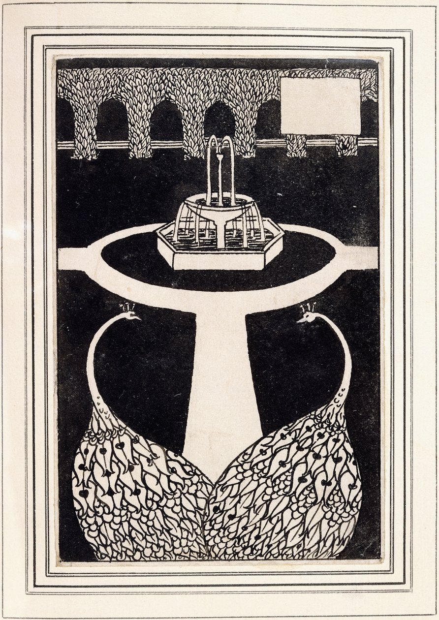 Nagłówek rozdziału przedstawiający dwa pawie w ogrodzie z fontanną, ok. 1893/4 autorstwa Aubrey Beardsley