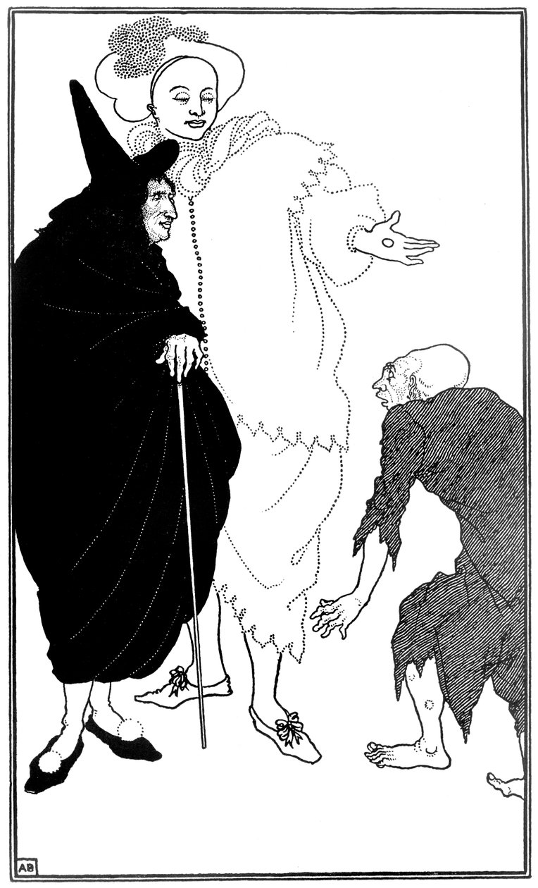 Don Juan, Sganarelle i żebrak, ilustracja z „Don Juan; przez Moliera autorstwa Aubrey Beardsley