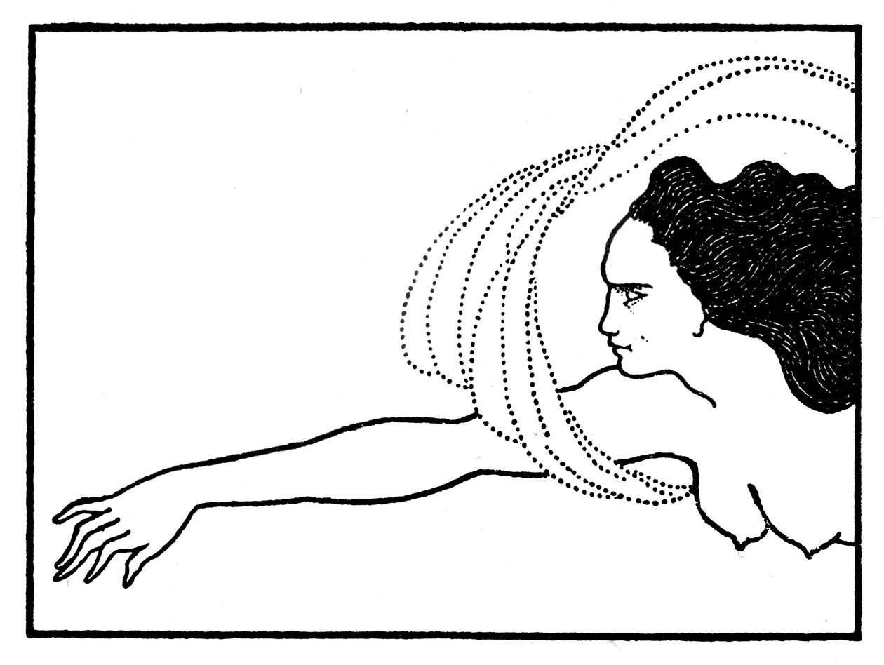 Flosshilde, ilustracja do Das Rheingold, opublikowana w czasopiśmie „The Savoy”, 1896 autorstwa Aubrey Beardsley