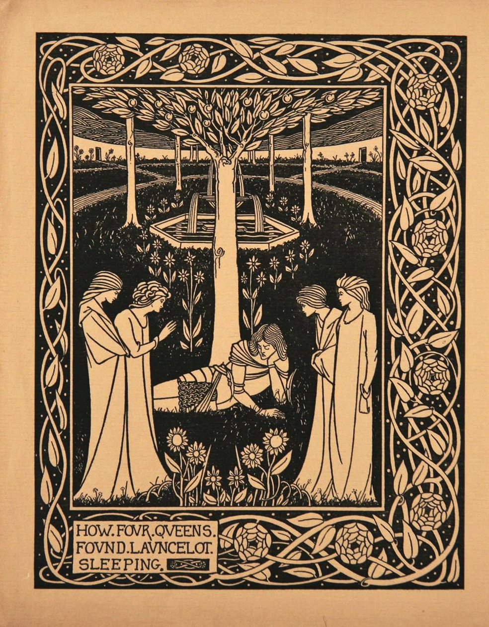 Jak cztery królowe znalazły śpiącego Lancelota. Ilustracja do książki Le Morte dArthur autorstwa Sir Thomasa autorstwa Aubrey Beardsley