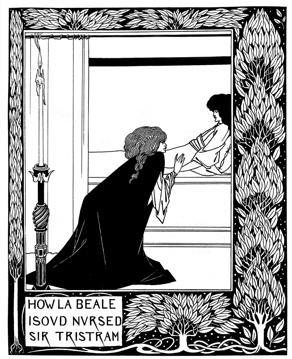 Jak La Beale Isoud opiekowała się Sir Tristramem. Ilustracja do książki Le Morte dArthur autorstwa Sir Thomasa M autorstwa Aubrey Beardsley