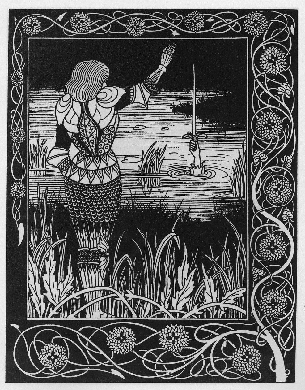 Jak Sir Bedivere rzucił miecz Excalibur do wody, ilustracja z „Le Morte d