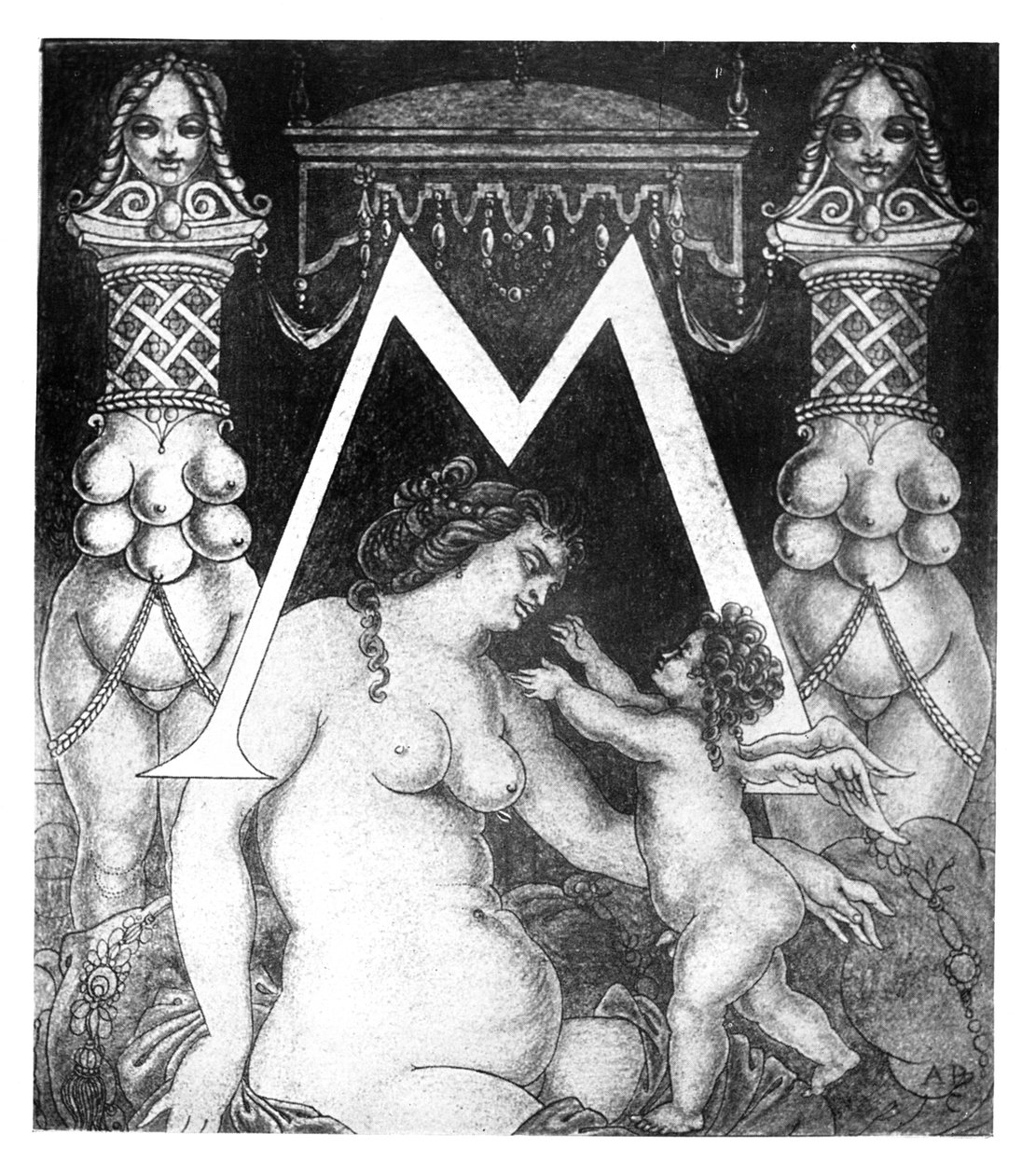 Pierwsza litera „M” dla Volpone, 1898 autorstwa Aubrey Beardsley