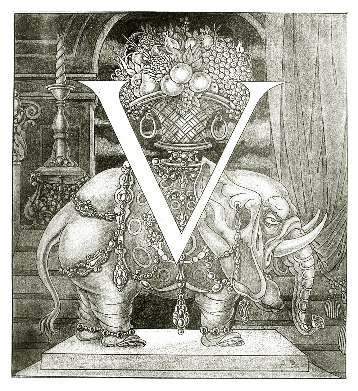 Pierwsza litera „V” do Volpone, 1898 autorstwa Aubrey Beardsley