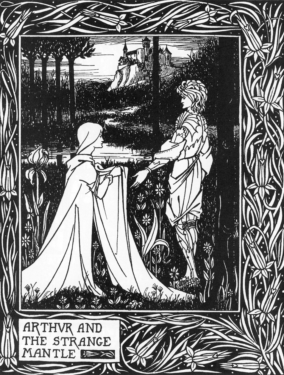 Król Artur odbierający wizytę młodej dziewczyny wysłanej za opłatą Morgane (Król Artur i dziwny płaszcz wysłany przez Morgana fay) Ilustracja Aubreya Beardsleya (1872-1898) z „Śmierci Artura” Thomasa Malory