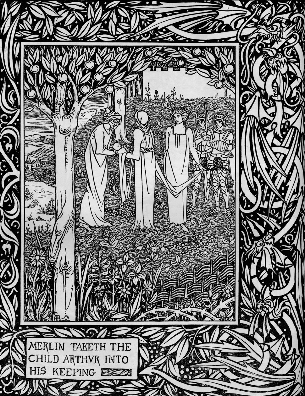Merlin zabiera dziecko Artur do swojej pieczy, ok. 1893 r. autorstwa Aubrey Beardsley