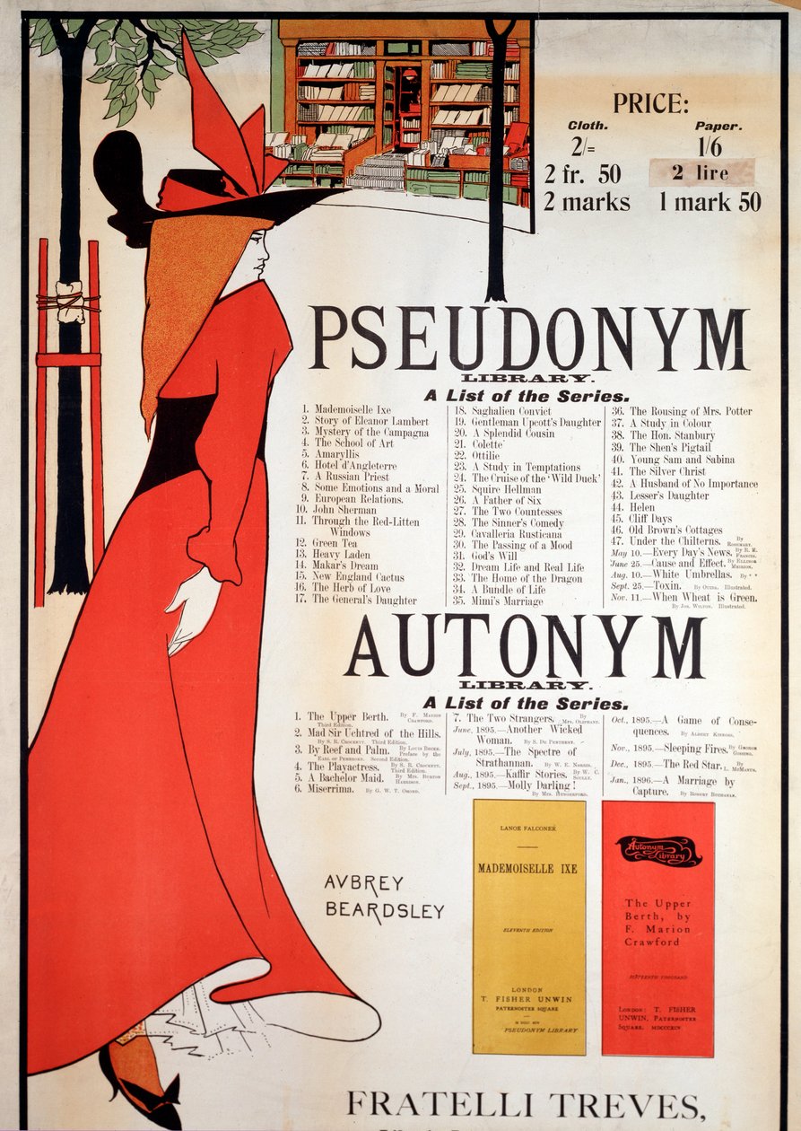 Plakat "Biblioteki Pseudonimów i Autonimów" (litografia kolorowa) autorstwa Aubrey Beardsley