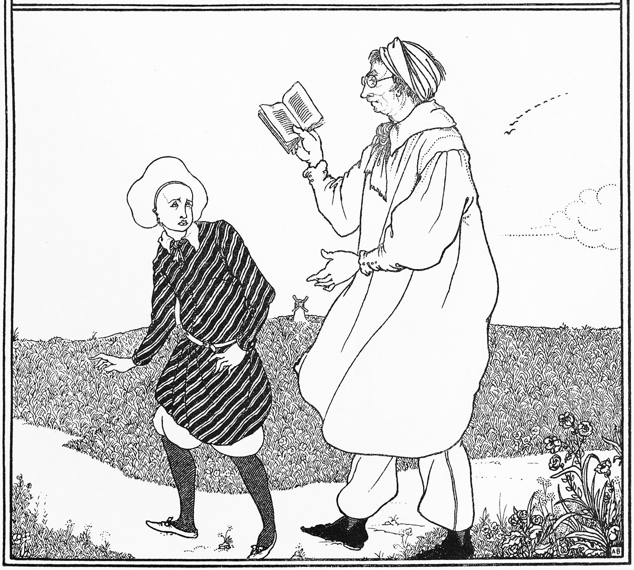 „Wieczny problem młodości i pedanterii”, ilustracja na przedniej okładce „Żółtej księgi”, 1894-95 autorstwa Aubrey Beardsley