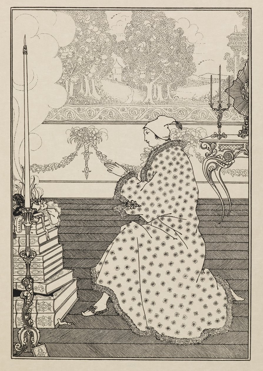 Modlitwa barona. Z „Gwałtu na zamek”. z książki pięćdziesiąt rysunków autorstwa Aubrey Beardsley